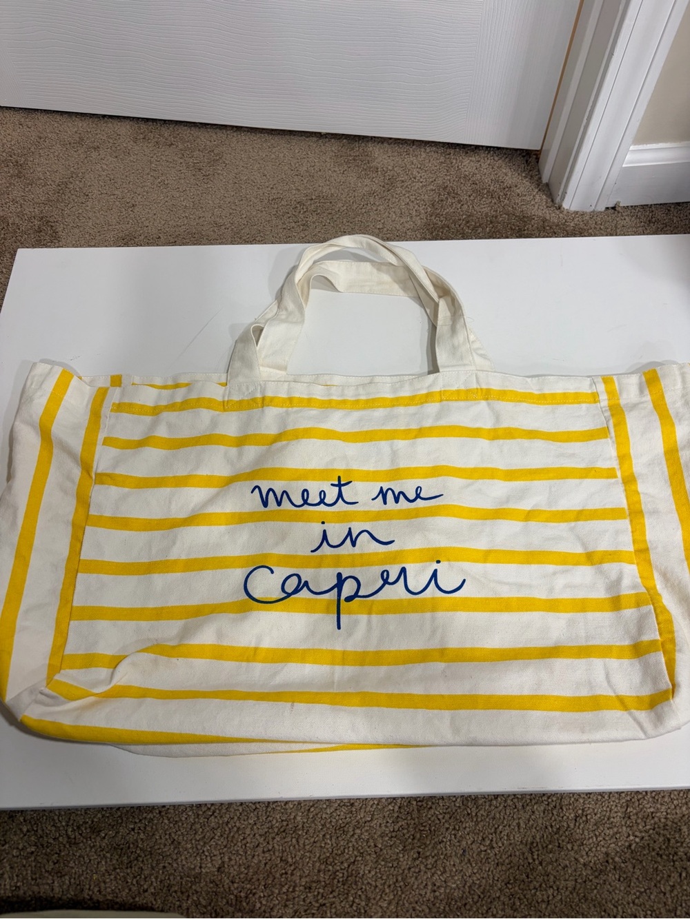 LOFT Yellow & White Striped Tote with Blue Script